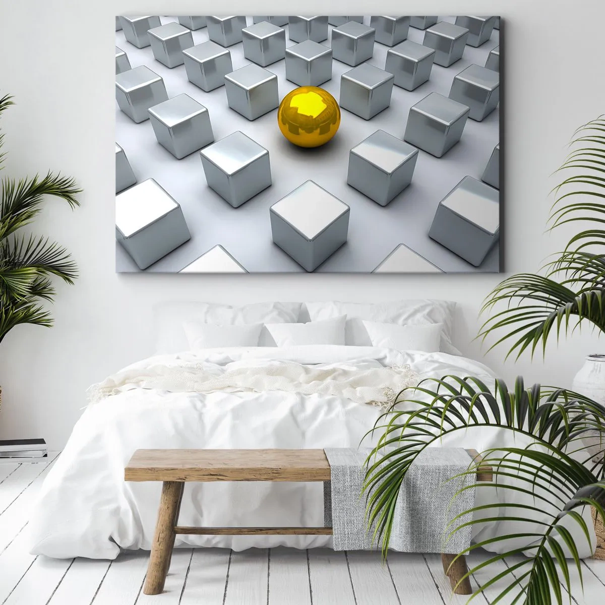 Quadro em tela - Uma esfera dourada destacando-se entre os cubos prateados - 70x50cm - Por que eu? Obras de arte geométricas - Decoração de parede moderna para a sala de estar e quarto ARTTOR
