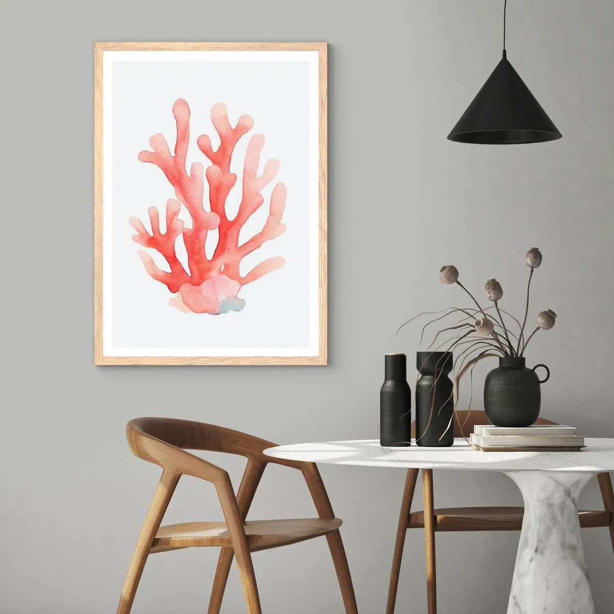 Pôster com moldura de carvalho claro - Coral de cor coral - 70x100 cm