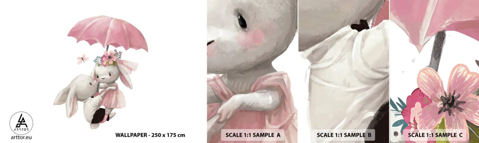 Amostra de papel de parede autocolante Deluxe Sticker - Isso é amor - Para crianças, Coelhos, Conto de fadas - 100x30 cm