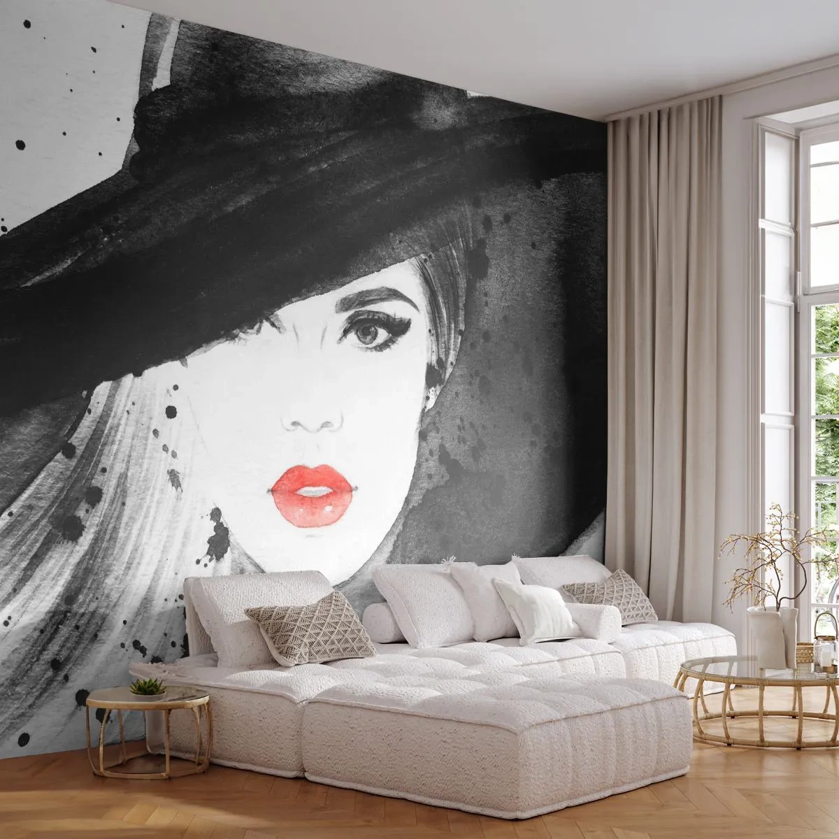 Papel de Parede Autocolante Deluxe Sticker - Dama de Preto - Mulher, Rosto de mulher, Retrato de uma mulher - 250x175 cm