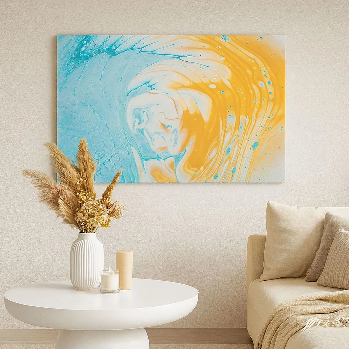 Quadro em tela - Ondas abstratas em tons de azul e dourado sobre tela - 70x50cm - Vórtice em pastel - Decoração de parede moderna para a sala de estar e quarto ARTTOR