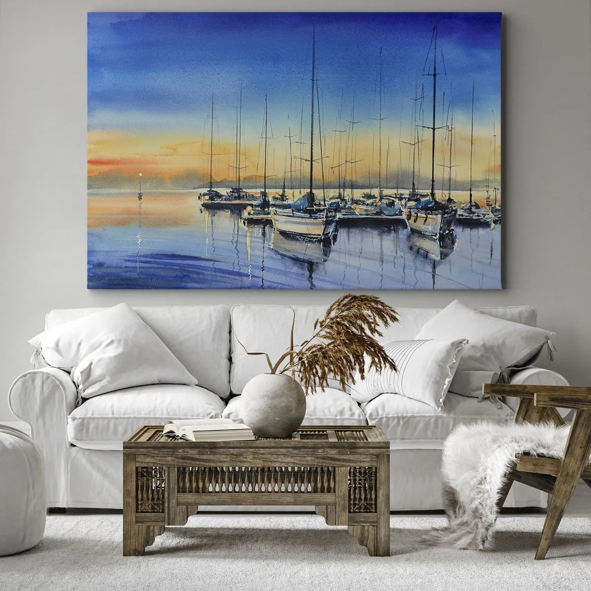 Quadro em tela - Porto de iates ao pôr do sol com reflexos na água - 70x50cm - Fim de um bom dia - Decoração de parede moderna para a sala de estar e quarto ARTTOR