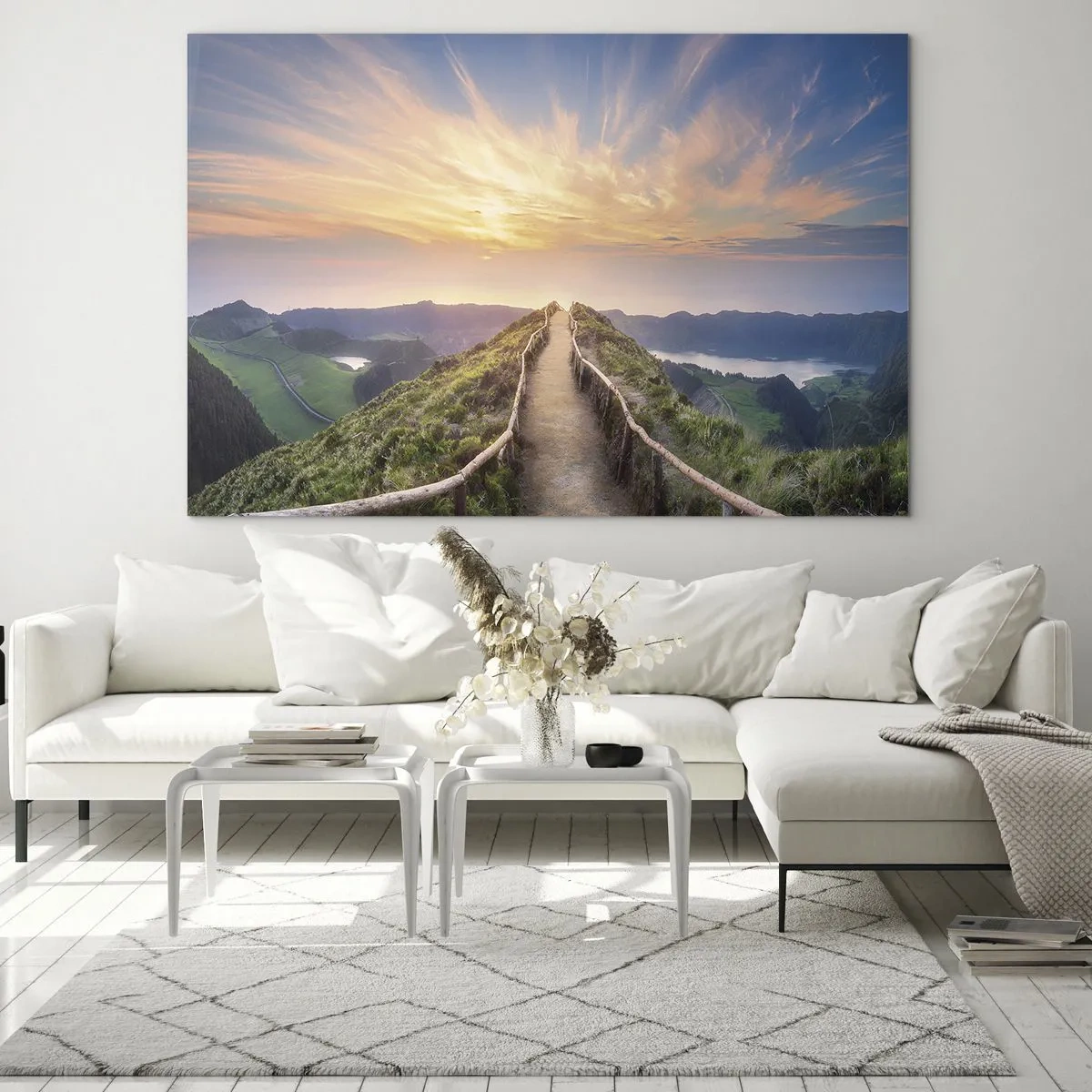 Quadro em vidro - Trilha no topo da colina com vista para o pôr do sol - 70x50cm - Perto do céu - Decoração de parede moderna para a sala de estar e quarto ARTTOR