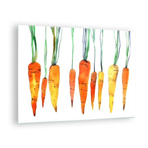 Quadro em vidro - Cenouras em aquarela em vários tons de laranja com talos verdes - 70x50cm - A beleza do ordinário - Decoração de parede moderna para a sala de estar e quarto ARTTOR