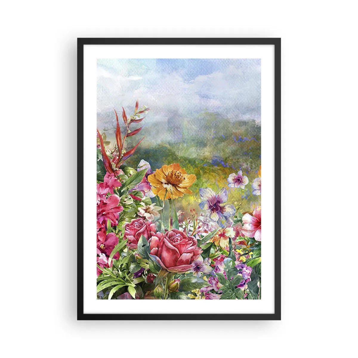 Pôster com moldura preta - Um campo de flores em um dia ensolarado - 50x70cm - O jardim que enlouqueceu - Decoração de parede moderna para a sala de estar e quarto ARTTOR