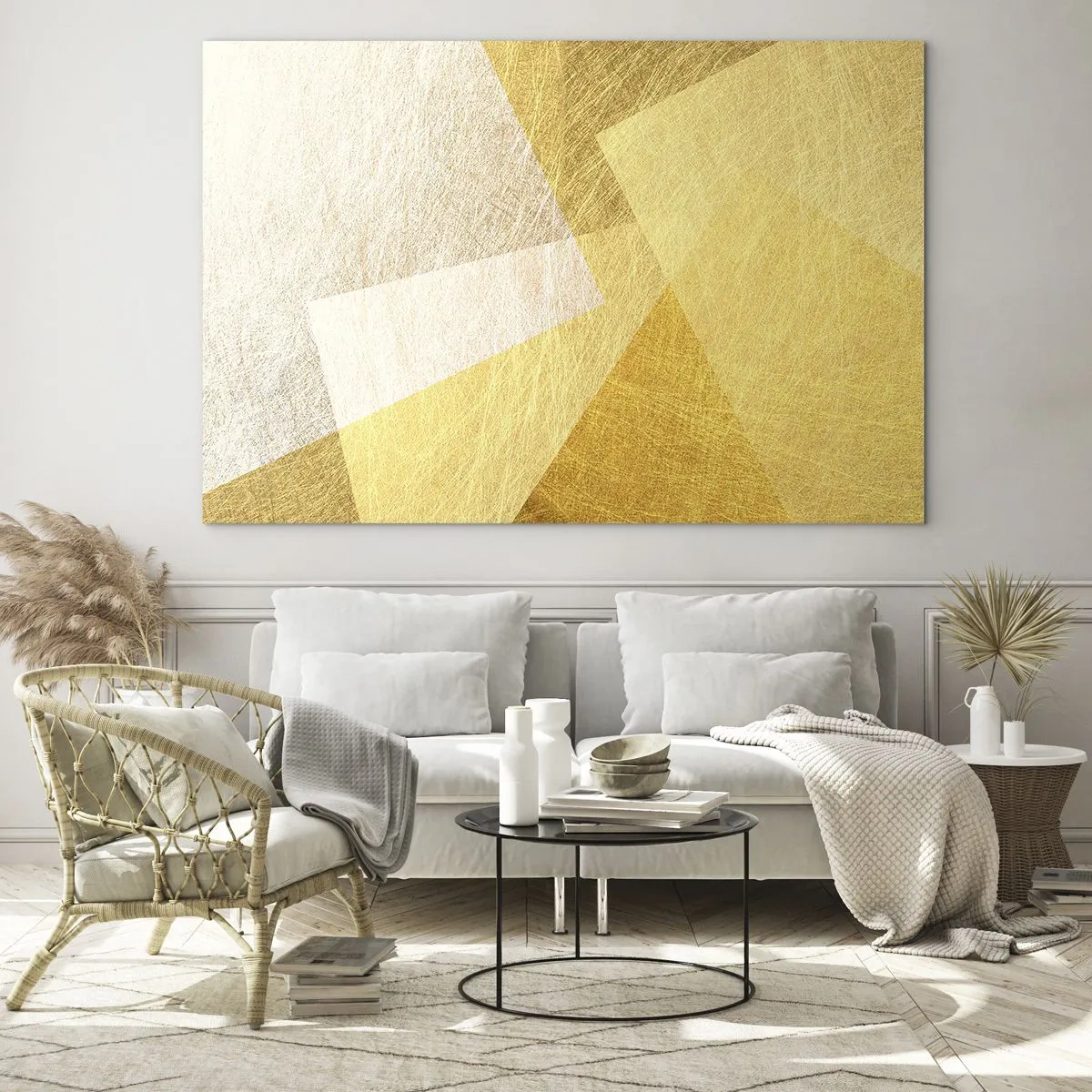 Quadro em vidro - Formas geométricas douradas com textura metálica e leve - 70x50cm - Clima geométrico - Decoração de parede moderna para a sala de estar e quarto ARTTOR