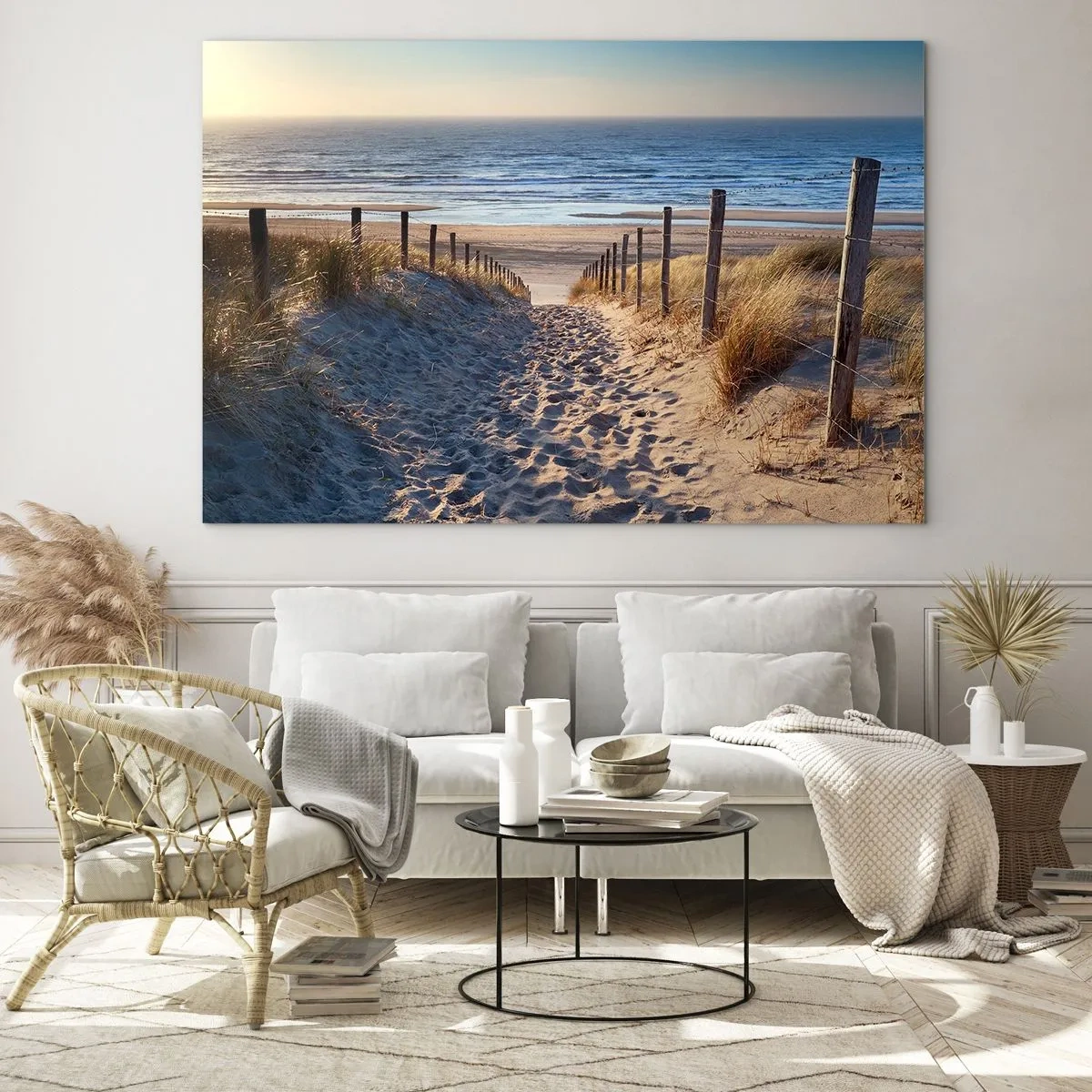 Quadro em vidro - Um caminho pelas dunas que leva a uma praia de mar calmo - 70x50cm - O som do mar, o canto dos pássaros, a praia selvagem entre a relva... - Decoração de parede moderna para a sala de estar e quarto ARTTOR