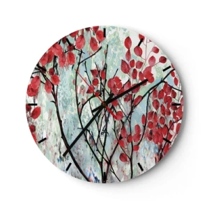 Relógio de parede - Relógio em vidro - Ramos com folhas vermelhas sobre fundo pintado - 30x30cm - Árvore em escarlate - Decoração de parede moderna para a sala de estar, cozinha e quarto ARTTOR