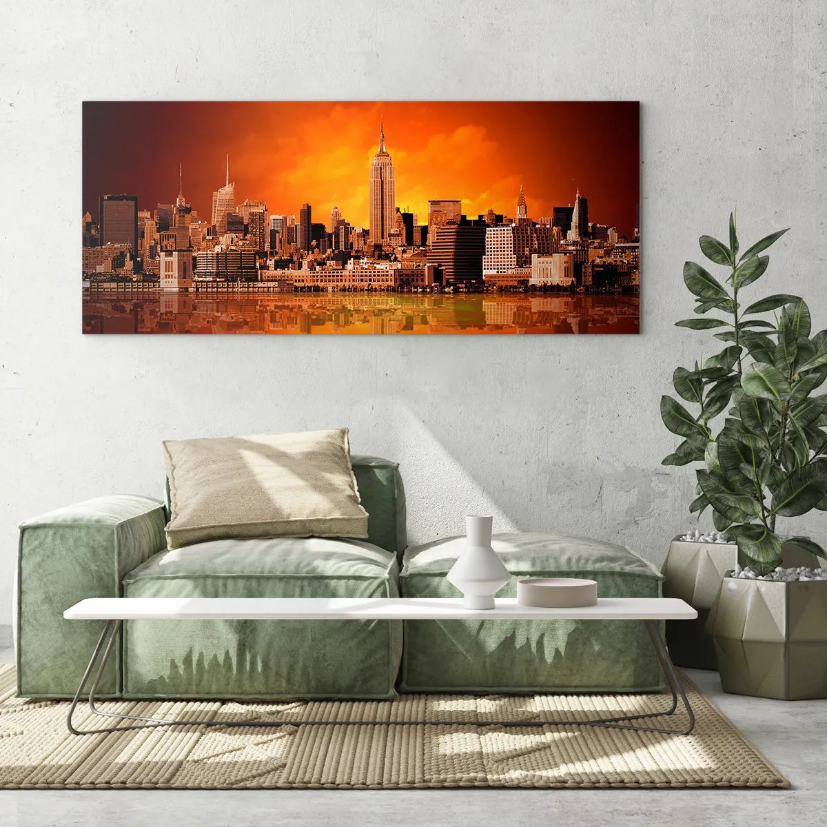 Quadro em vidro - Panorama metropolitano em amarelo e bronze - 90x30 cm