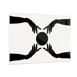 Quadro em vidro - Mãos pretas ao redor de um círculo preto em um fundo claro - 70x50cm - Sinal secreto - Decoração de parede moderna para a sala de estar e quarto ARTTOR