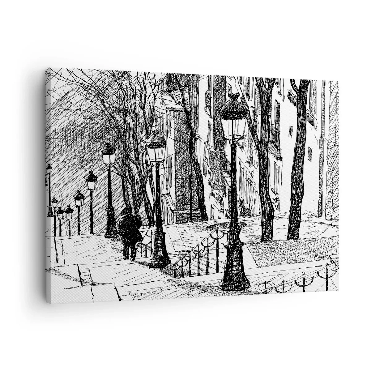 Quadro em tela - Uma rua com lâmpadas e uma silhueta humana em técnica de esboço - 70x50cm - Uma história de amor ou uma história de terror? - Decoração de parede moderna para a sala de estar e quarto ARTTOR