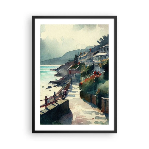 Pôster com moldura preta - Um caminho pitoresco à beira-mar em estilo aquarela - 50x70cm - Cidade mediterrânea - Decoração de parede moderna para a sala de estar e quarto ARTTOR