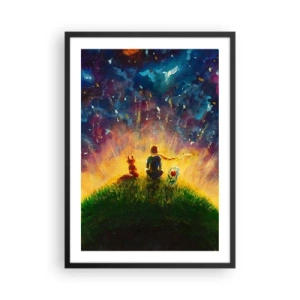 Pôster com moldura preta - Figuras sentadas em uma colina sob um céu estrelado - 50x70cm - Amor e amizade - o mundo inteiro - Decoração de parede moderna para a sala de estar e quarto ARTTOR