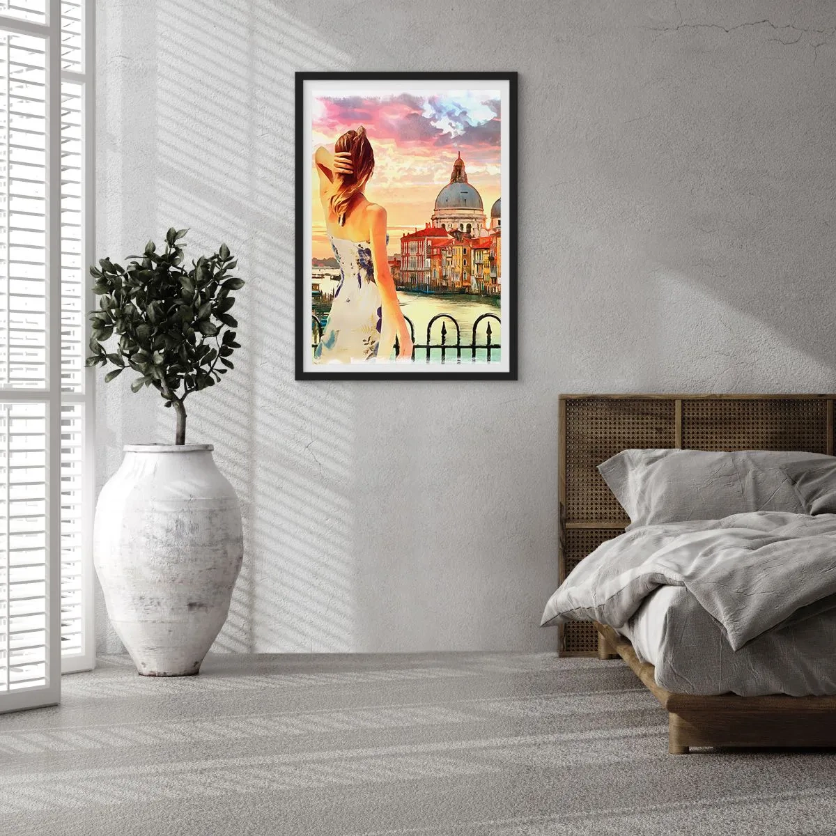 Pôster com moldura preta - Uma mulher admira a vista de uma cidade histórica ao pôr do sol - 50x70cm - Aventura de verdade somente em ... - Decoração de parede moderna para a sala de estar e quarto ARTTOR
