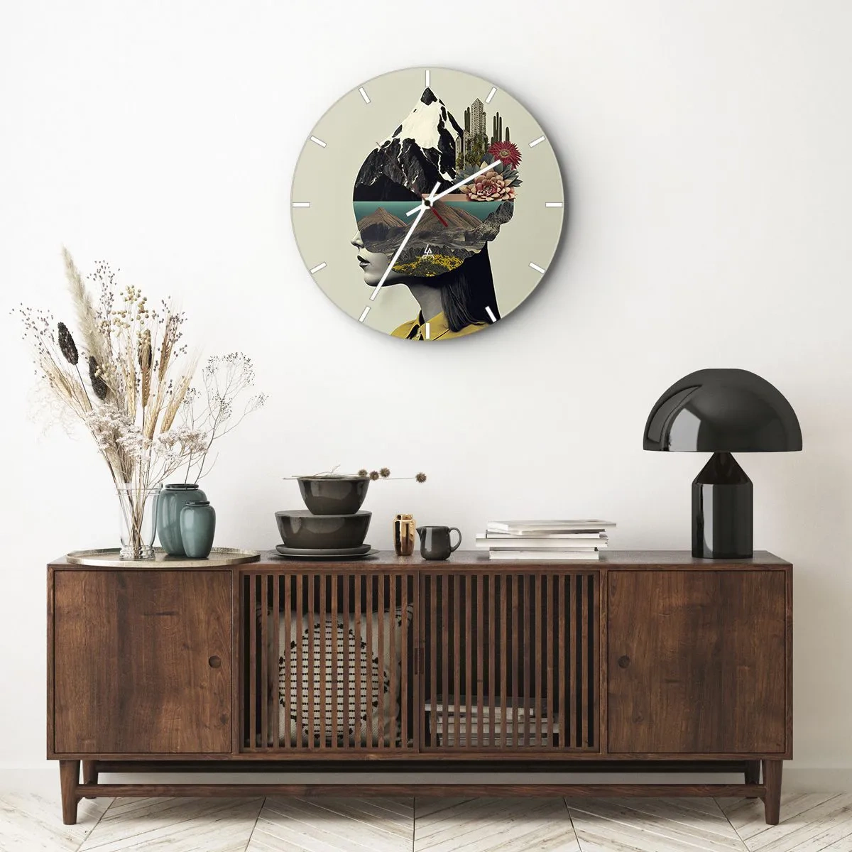 Relógio de parede - Relógio em vidro - Retrato artístico de uma mulher com uma paisagem e flores na cabeça - 30x30cm - Mulher – sempre um mistério - Decoração de parede moderna para a sala de estar, cozinha e quarto ARTTOR