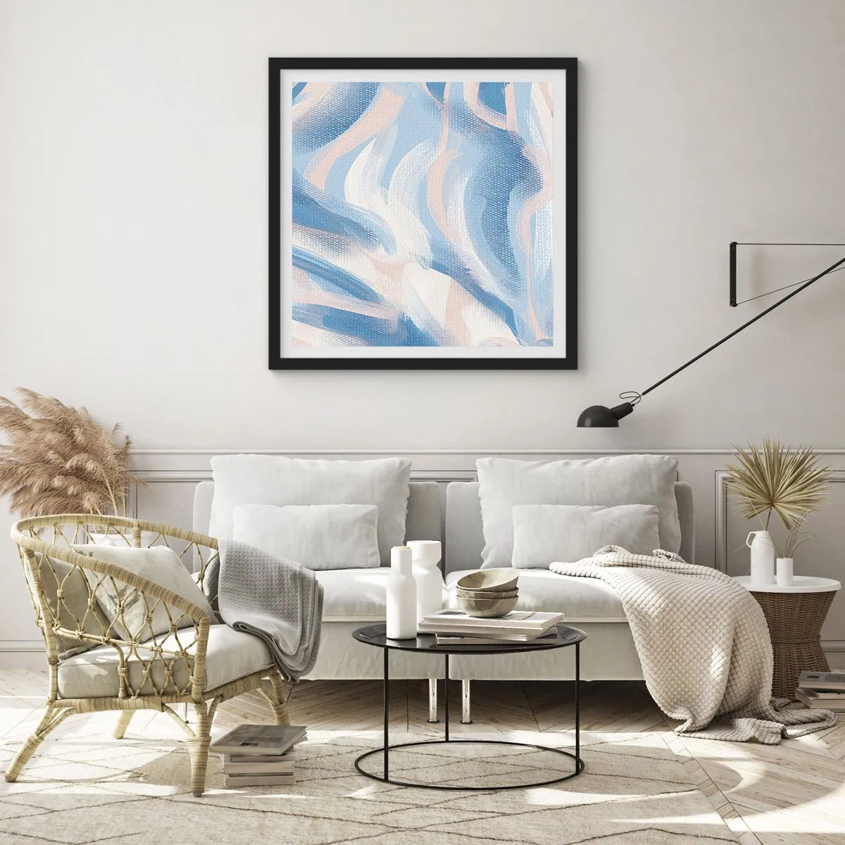 Pôster com moldura preta - Ondas azuis - 60x60 cm