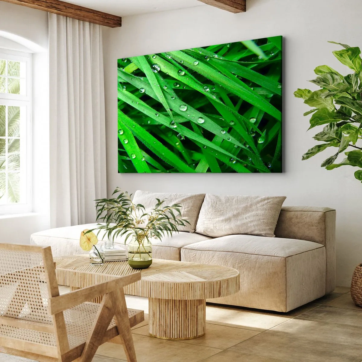 Quadro em tela - Close-up de folhas verdes de grama com gotas de orvalho - 70x50cm - Jogue no verde - Decoração de parede moderna para a sala de estar e quarto ARTTOR