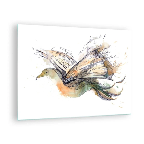 Quadro em vidro - Um pássaro de um livro desenrolado, uma metáfora artística para o conhecimento - 70x50cm - Nas asas da poesia - Decoração de parede moderna para a sala de estar e quarto ARTTOR