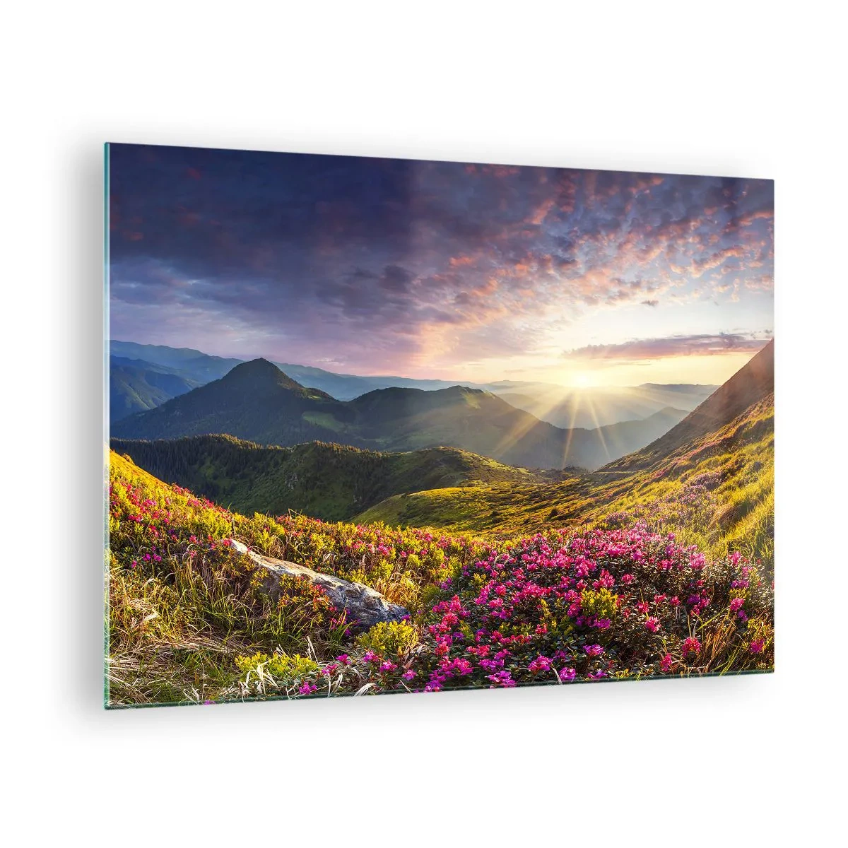 Quadro em vidro - Paisagem montanhosa ao nascer do sol com flores desabrochando - 70x50cm - A frescura de uma manhã nas montanhas - Decoração de parede moderna para a sala de estar e quarto ARTTOR