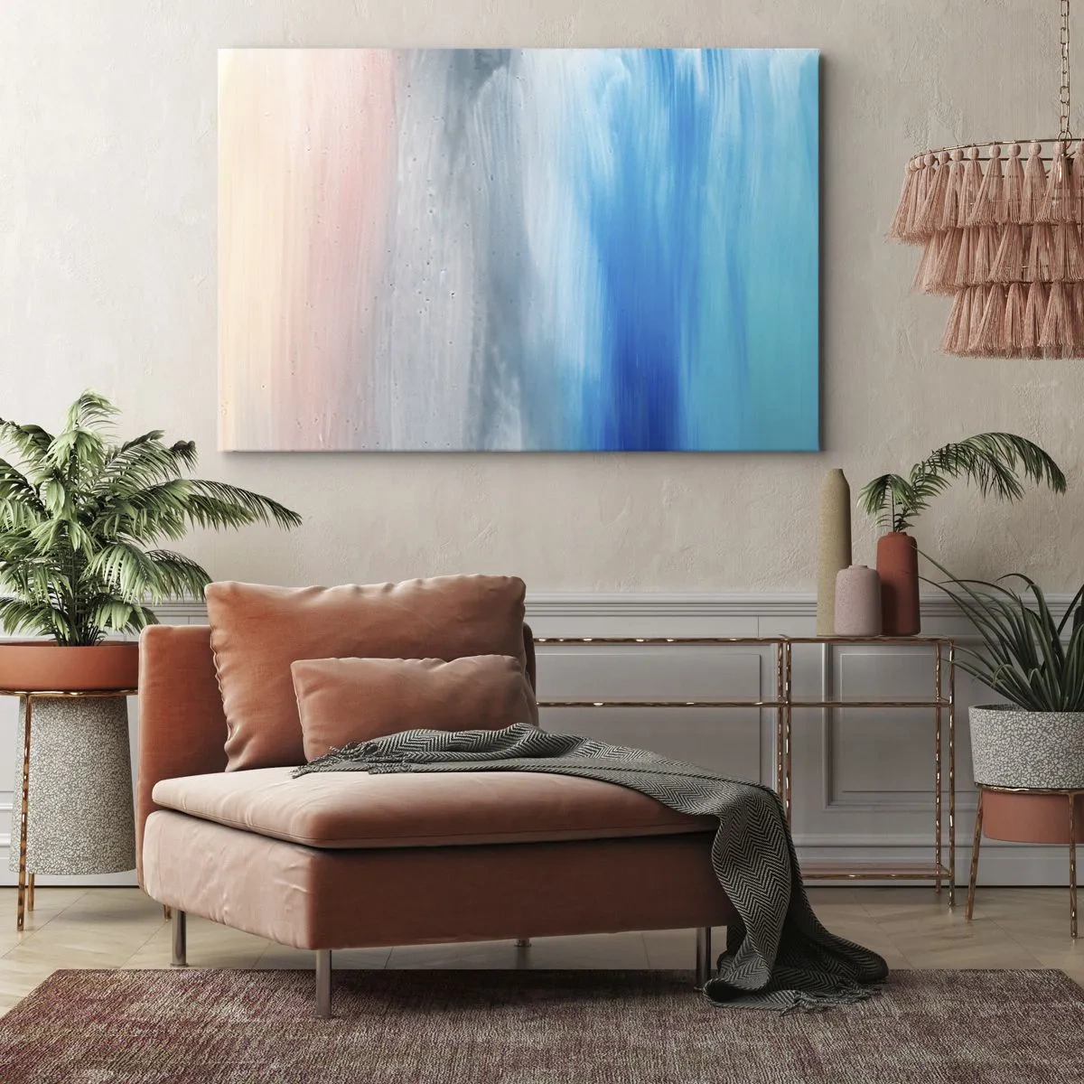 Quadro em tela - Pinceladas abstratas em tons de azul e rosa - 70x50cm - Elementos: ar - Decoração de parede moderna para a sala de estar e quarto ARTTOR