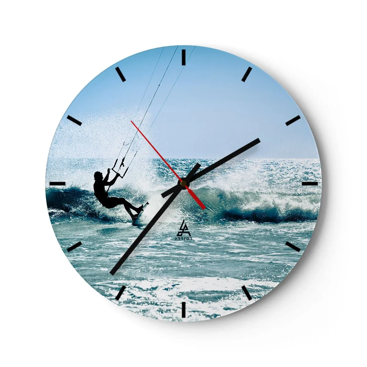 Relógio de parede - Relógio em vidro - Kitesurfista surfando uma onda em um dia ensolarado à beira-mar - 30x30cm - Deixe-se levar - Decoração de parede moderna para a sala de estar, cozinha e quarto ARTTOR