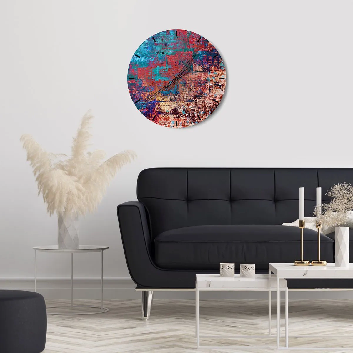 Relógio de parede - Relógio em vidro - Uma composição abstrata em tons intensos de vermelho e azul. - 30x30cm - Memória e esquecimento - Decoração de parede moderna para a sala de estar, cozinha e quarto ARTTOR
