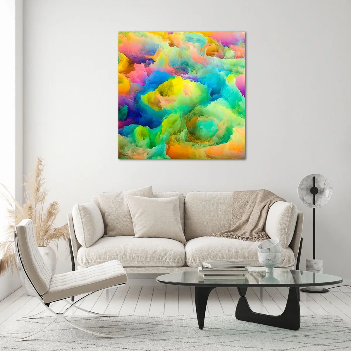 Quadro em vidro - Penugem arco-íris - 50x50 cm