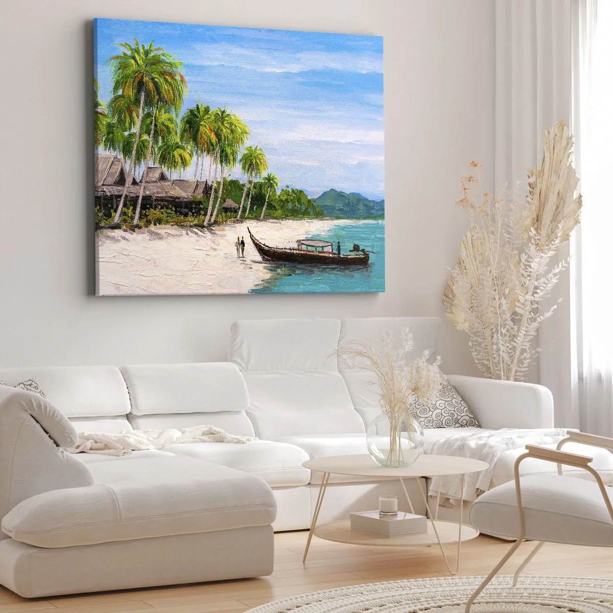 Quadro em tela - Uma praia exótica com palmeiras e um barco na costa - 70x50cm - Um sonho exótico - Decoração de parede moderna para a sala de estar e quarto ARTTOR