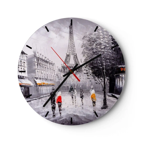 Relógio de parede - Relógio em vidro - Uma rua em Paris com a Torre Eiffel ao fundo - 30x30cm - Passeio em Paris - Decoração de parede moderna para a sala de estar, cozinha e quarto ARTTOR