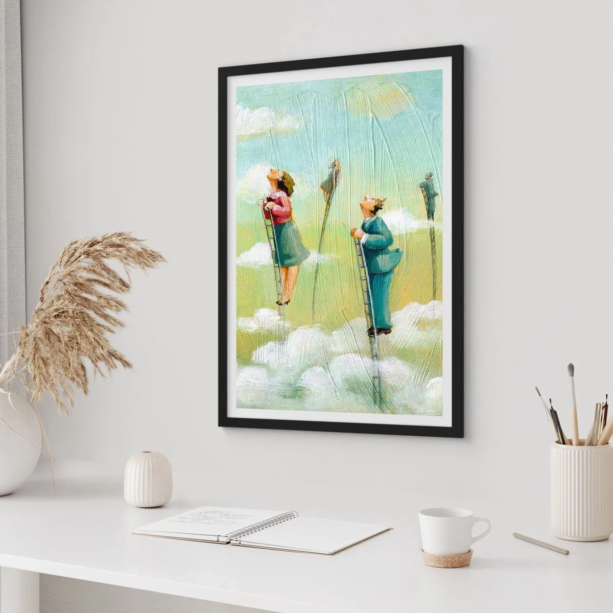 Pôster com moldura preta - Personagens subindo escadas nas nuvens - 50x70cm - Por trás do seu sonho - Decoração de parede moderna para a sala de estar e quarto ARTTOR