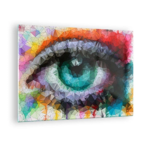 Quadro em vidro - Um olho geométrico em cores vibrantes com efeito cristal. - 70x50cm - O brilho cristalino dos olhos - Decoração de parede moderna para a sala de estar e quarto ARTTOR