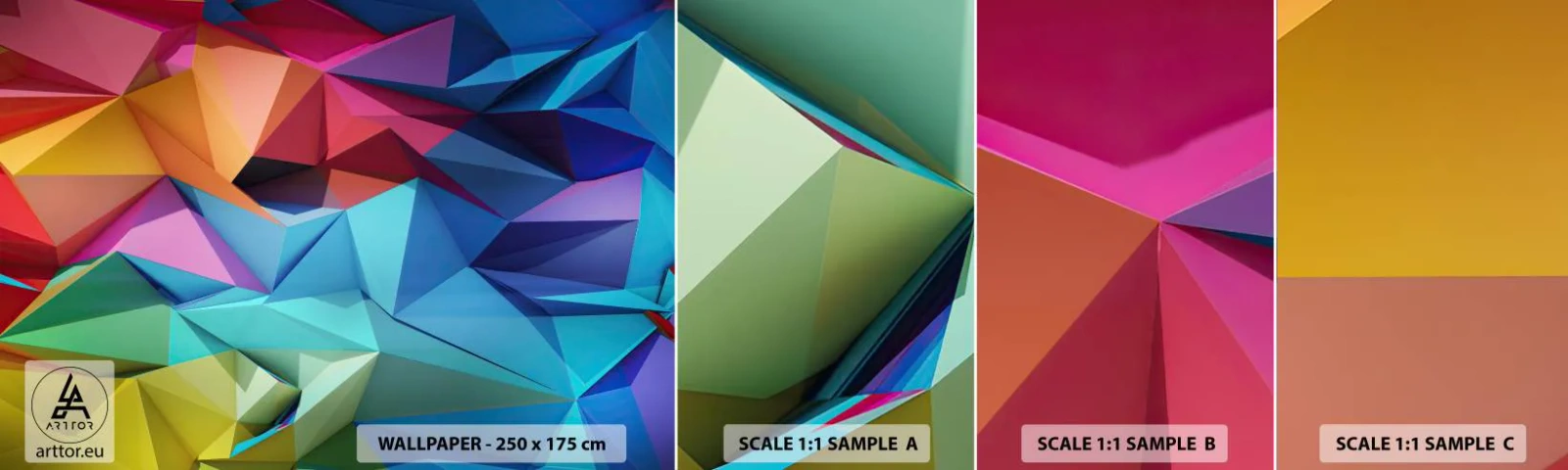 Amostra de papel de parede autocolante Deluxe Sticker - Arco-íris de origami - Abstração, 3D, Gráficos - 100x30 cm