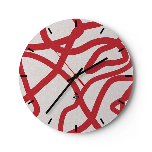 Relógio de parede - Relógio em vidro - Linhas vermelhas abstratas serpenteando sobre um fundo branco em um arranjo dinâmico. - 30x30cm - Vermelho em branco - Decoração de parede moderna para a sala de estar, cozinha e quarto ARTTOR