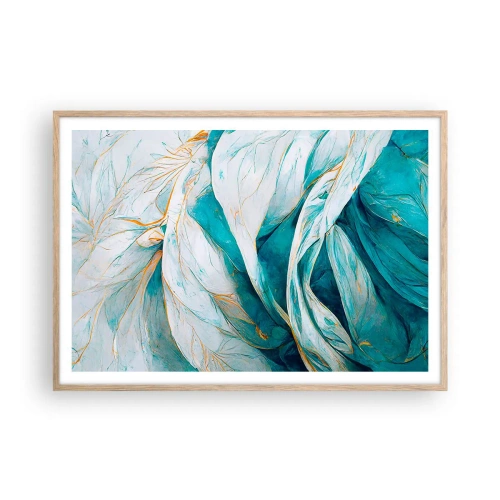 Pôster com moldura de carvalho claro - Abstração azul com lema dourado - 100x70 cm