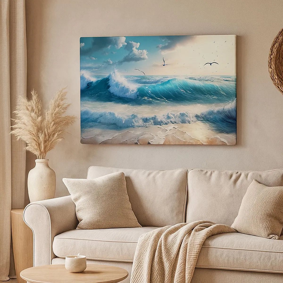 Quadro em tela - Ondas do mar na praia sob um céu azul com gaivotas - 70x50cm - Cantarola apenas para si - Decoração de parede moderna para a sala de estar e quarto ARTTOR