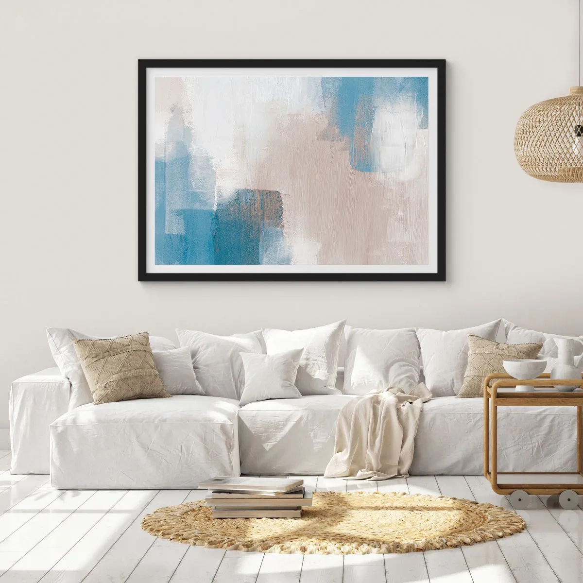 Pôster com moldura preta - Abstração rosa atrás da cortina azul - 70x50 cm