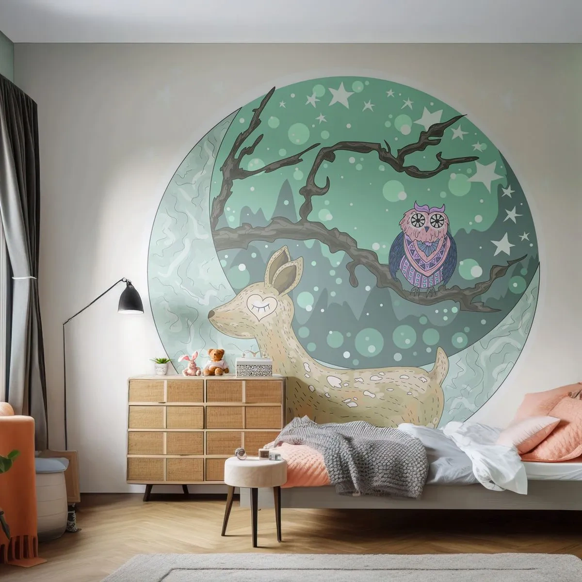 Papel de Parede Premium Canvas - Noite na floresta como em um conto de fadas - Para crianças, Gráficos, Estrelas - 250x175 cm