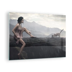 Quadro em vidro - Uma mulher e um gato em um tronco de madeira em uma paisagem chuvosa - 70x50cm - Picos de beleza - Decoração de parede moderna para a sala de estar e quarto ARTTOR