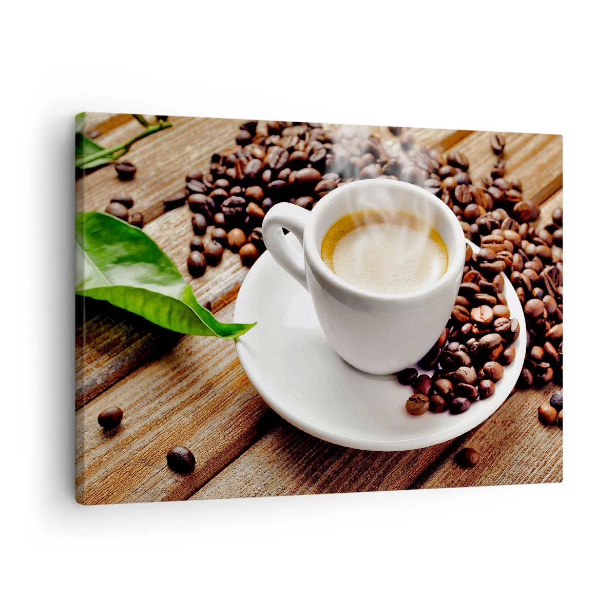 Quadro em tela - Uma xícara de café aromático contra o fundo de grãos e uma folha - 70x50cm - Pausa para um café - Decoração de parede moderna para a sala de estar e quarto ARTTOR