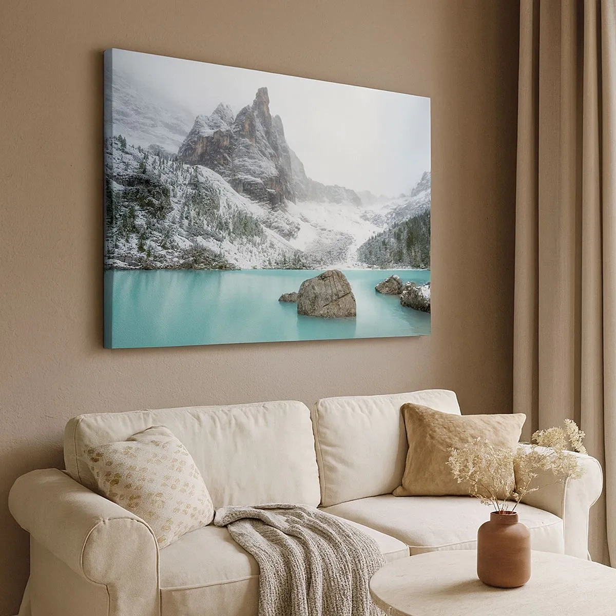 Quadro em tela - Uma paisagem montanhosa com um lago cercado por picos nevados - 70x50cm - Na guarda - Decoração de parede moderna para a sala de estar e quarto ARTTOR