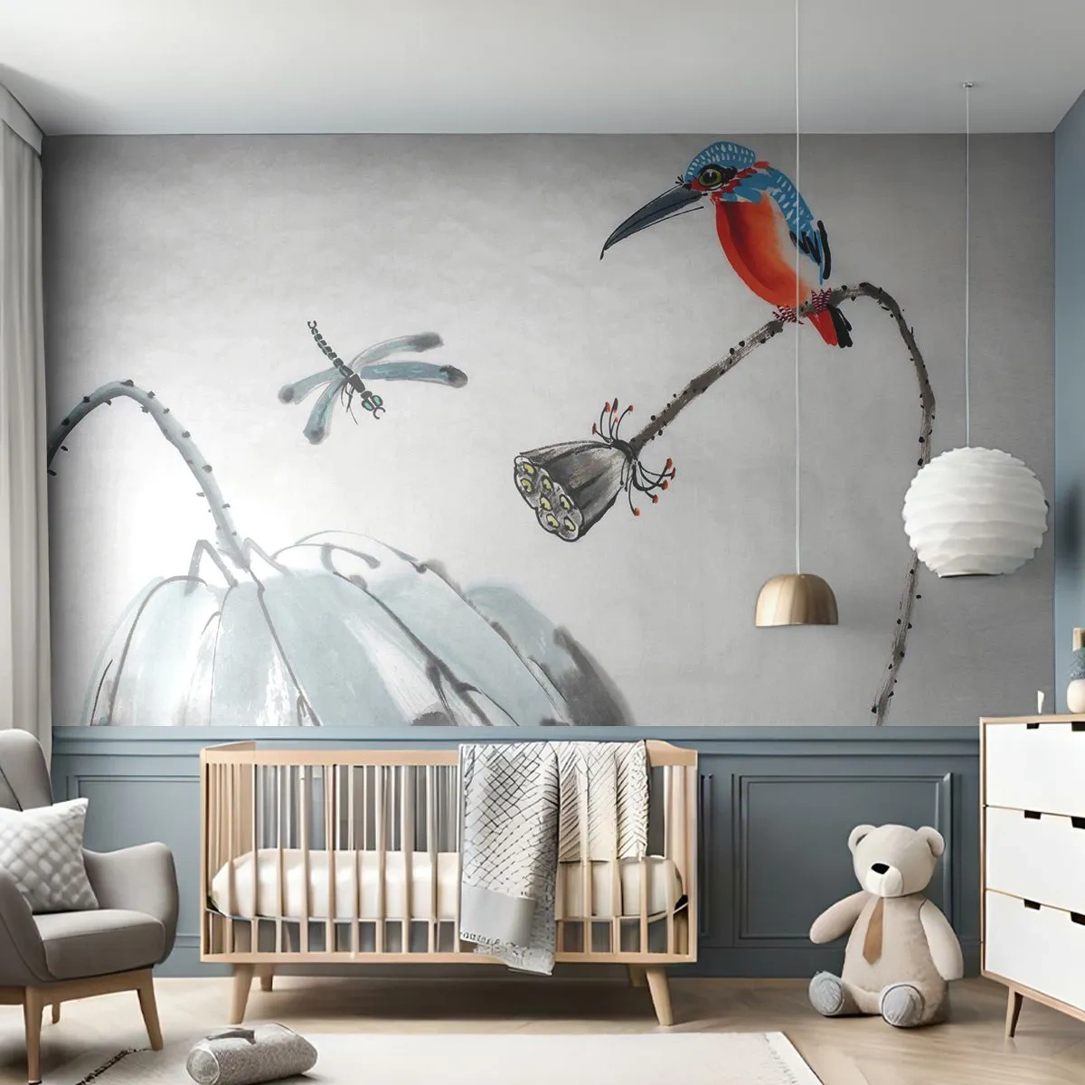 Papel de Parede Premium Sand - A vida do prado - Abstração, Pássaro, Flor - 450x315 cm