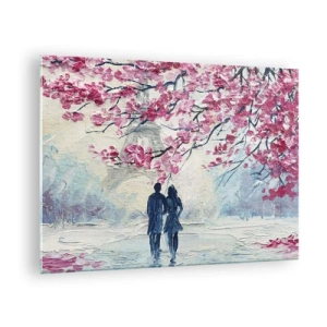 Quadro em vidro - Um casal caminhando sob árvores floridas - 70x50cm - Passeio romântico - Decoração de parede moderna para a sala de estar e quarto ARTTOR