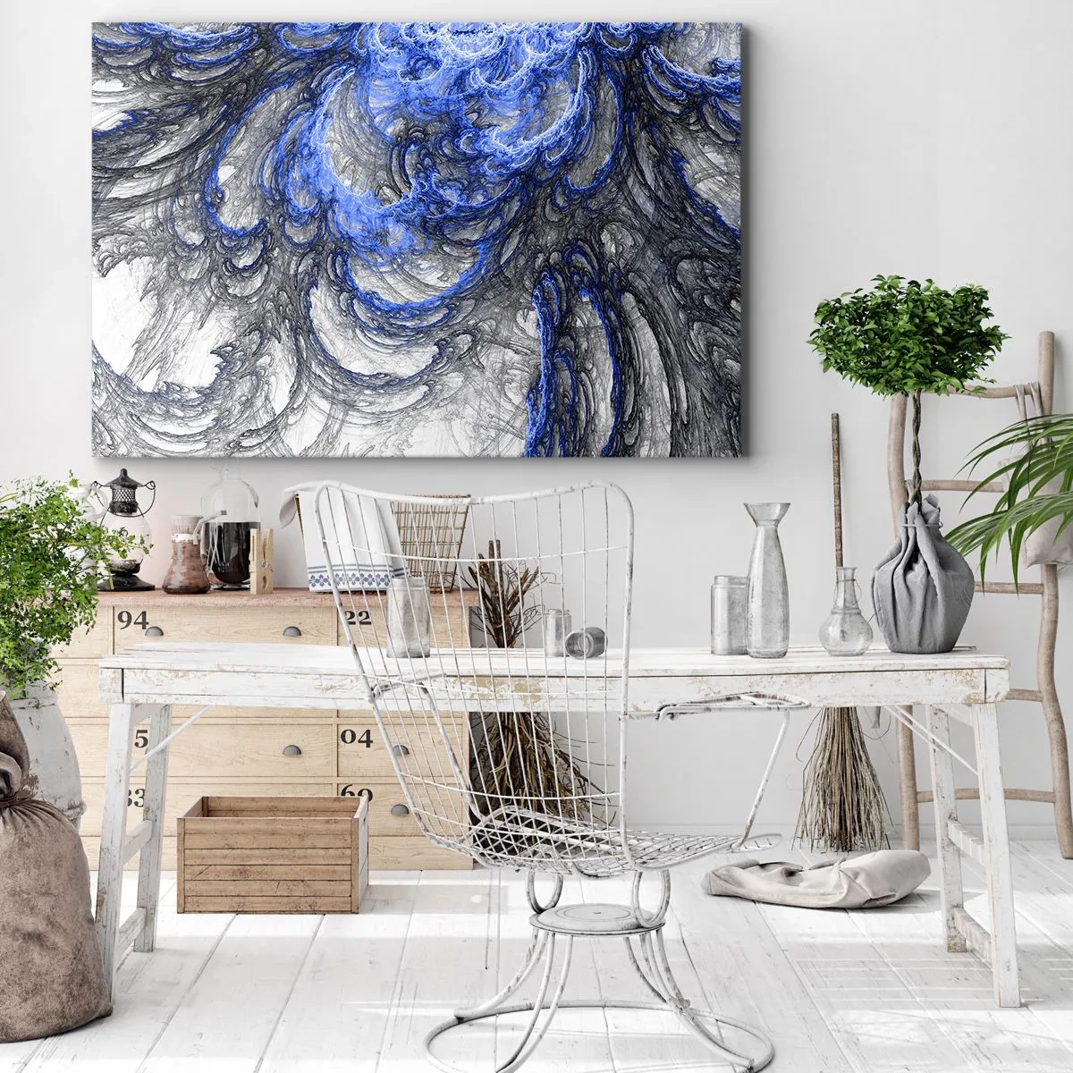 Quadro em tela - Ondas abstratas em tons de azul e cinza - 70x50cm - O nascimento de uma onda - Decoração de parede moderna para a sala de estar e quarto ARTTOR