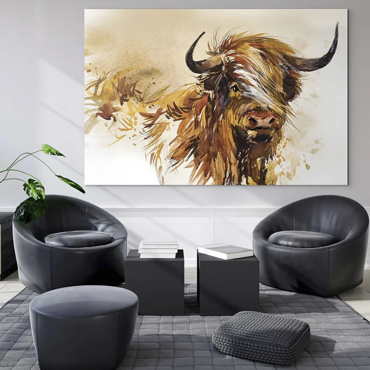 Quadro em vidro - Ilustração em aquarela de um touro escocês de pelo longo - 70x50cm - Orgulho do caçador - Decoração de parede moderna para a sala de estar e quarto ARTTOR