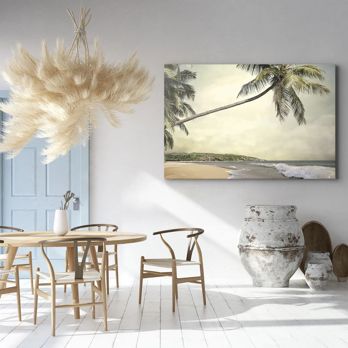 Quadro em tela - Uma praia com palmeiras tendo como pano de fundo um mar calmo - 70x50cm - Sonho tropical - Decoração de parede moderna para a sala de estar e quarto ARTTOR