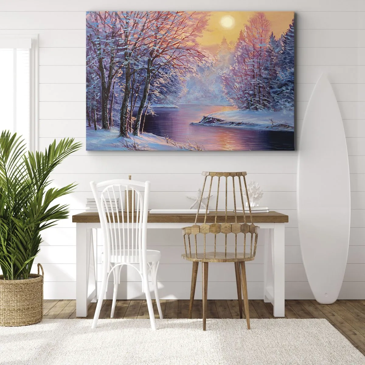 Quadro em tela - Paisagem de inverno com rio e árvores ao nascer do sol - 70x50cm - Cores do inverno - Decoração de parede moderna para a sala de estar e quarto ARTTOR