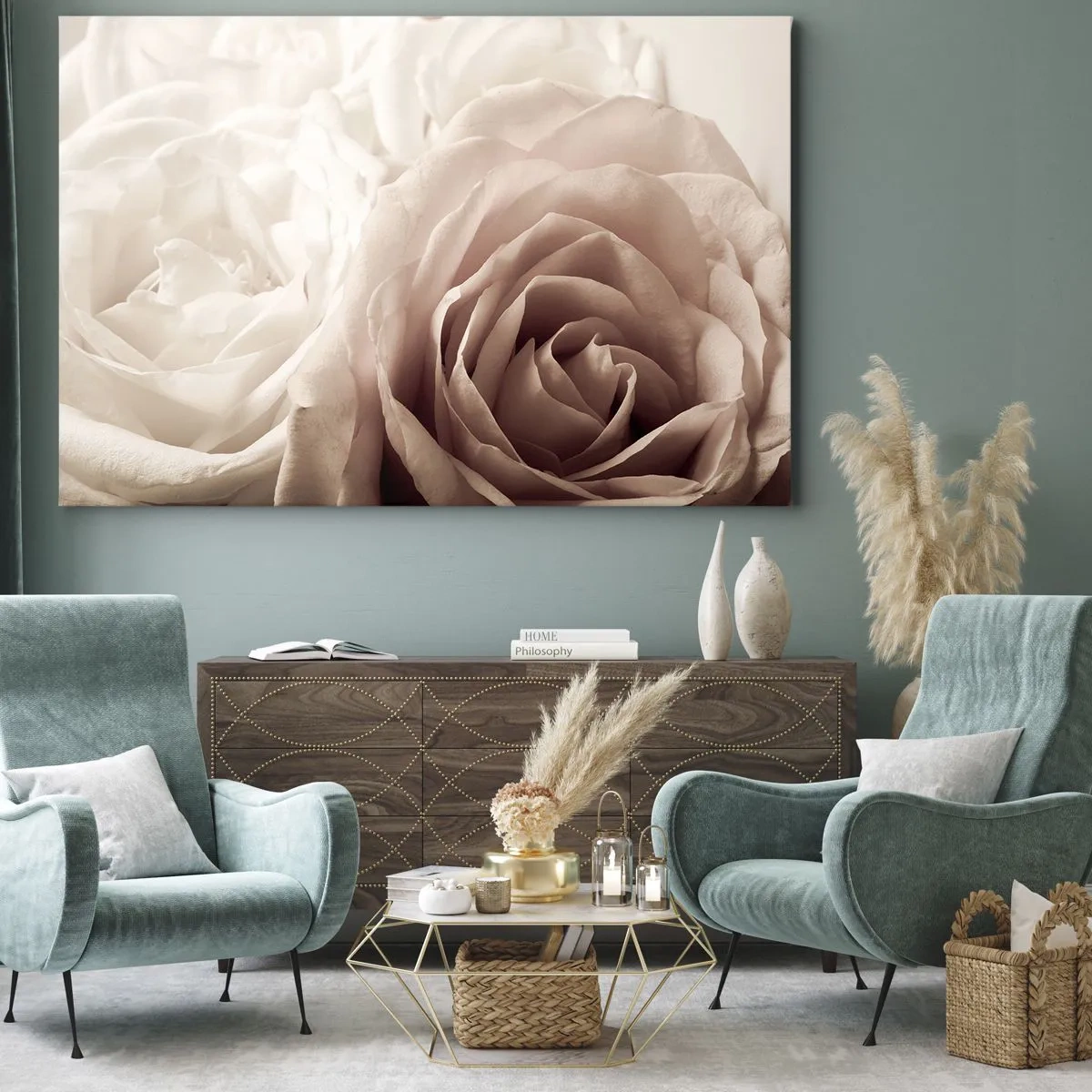 Quadro em tela - Rosas delicadas em tons pastéis de bege - 70x50cm - No coração de uma rosa - Decoração de parede moderna para a sala de estar e quarto ARTTOR