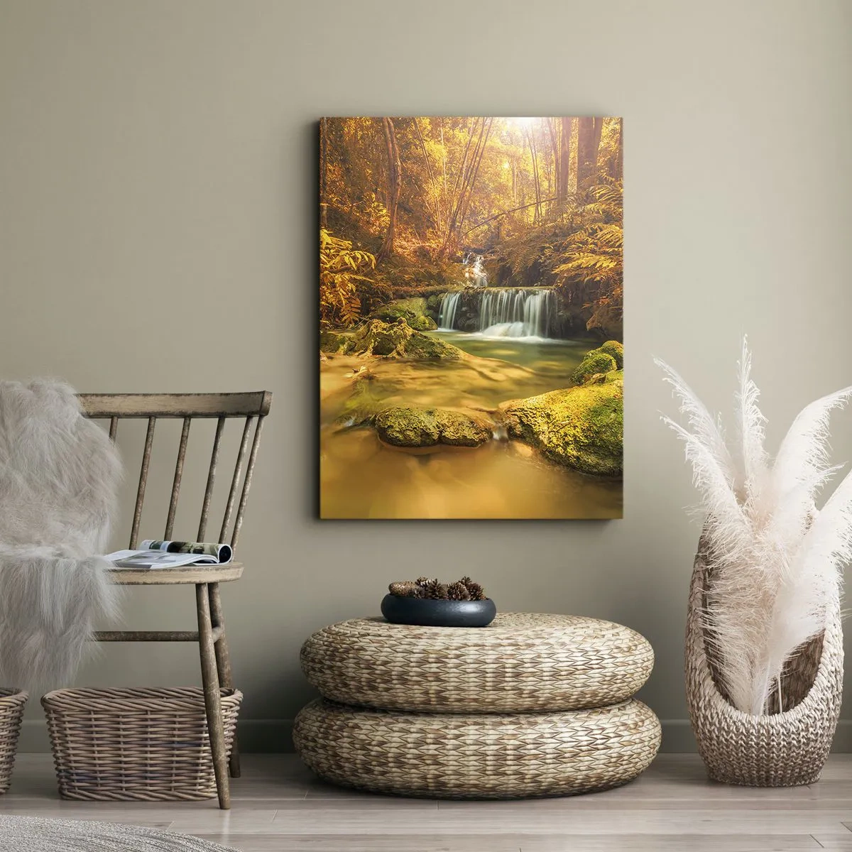 Quadro em tela - Cascata na floresta em ouro - 65x120 cm