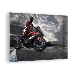 Quadro em vidro - Um motociclista em uma pista de corrida sob um céu tempestuoso - 70x50cm - Cavaleiro das Trevas - Decoração de parede moderna para a sala de estar e quarto ARTTOR