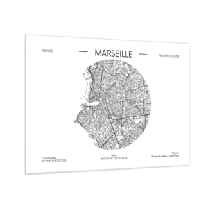 Quadro em vidro - Mapa preto e branco da cidade de Marselha em estilo moderno - 70x50cm - Anatomia de Marselha - Decoração de parede moderna para a sala de estar e quarto ARTTOR